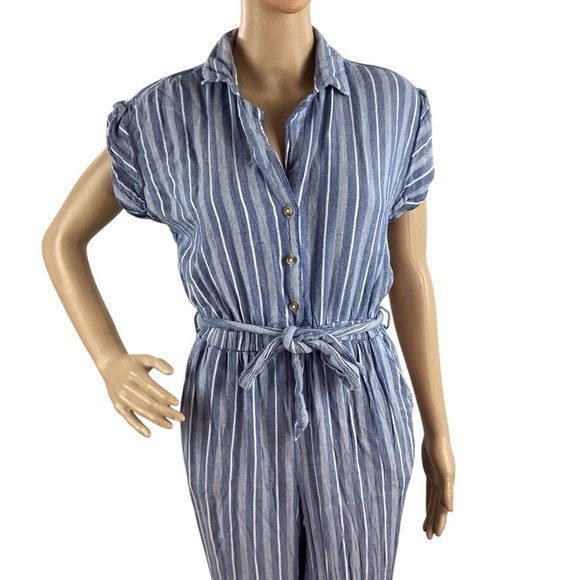 Blue Rain Striped Button Front Belted Jumpsuit XS Rayon - Picture 2 of 7